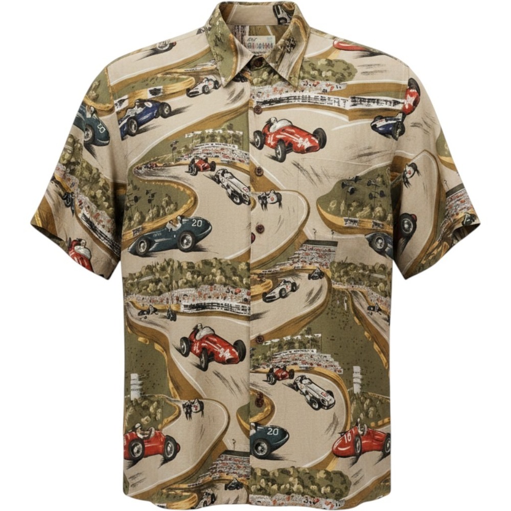 Reyn Spooner Mens M Grand Prix Race Car Print Rayon Button Down Shirt Hawaii